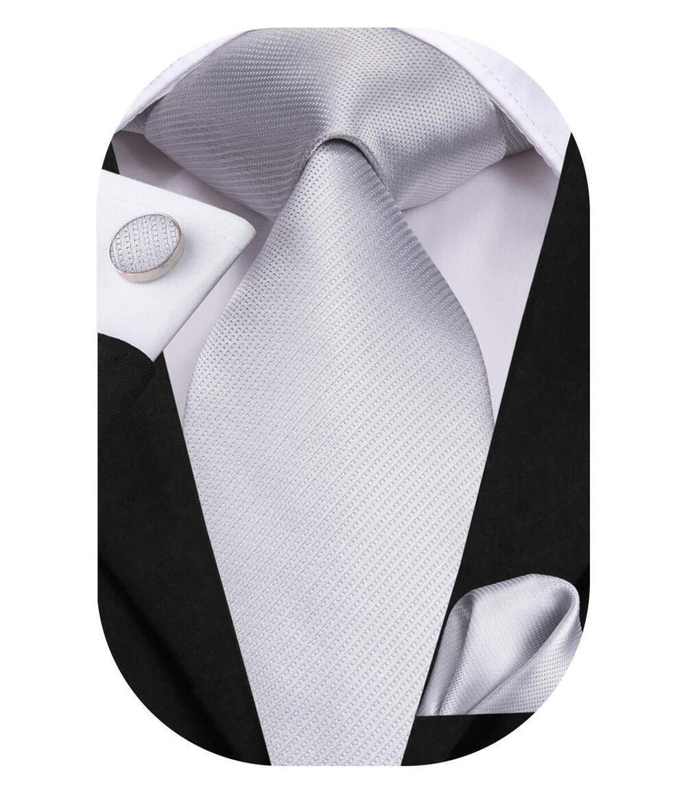 4486 Silver Grey Neck Ties Sets Silk Solid Formal Necktie With Pocket